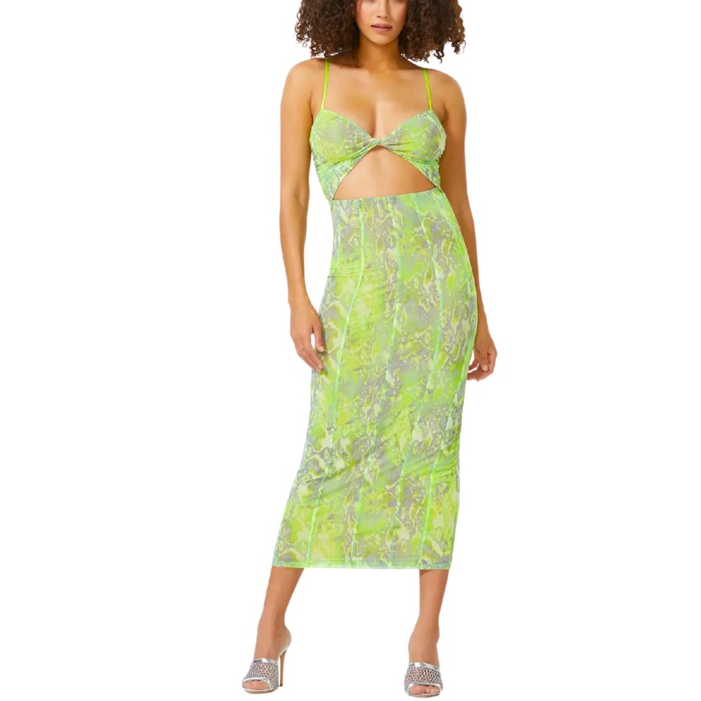 Revolve AFRM Shane lime green abstract snakeskin print midi dress Sz M